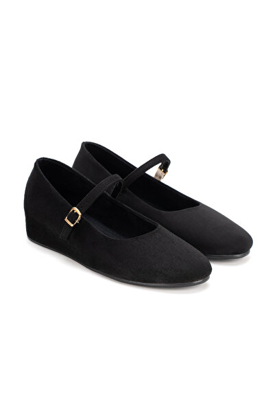 MFT AYAKKABI Women's Black Suede Ballerina Buckle Wedge Heel Daily and Evenin...