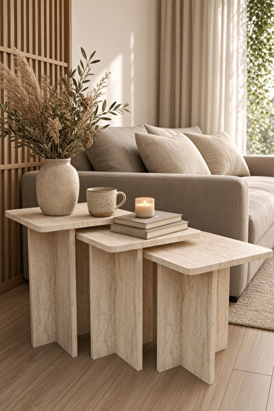 Mano Atelier Modern 3’lü Zigon Sehpa Seti İç İçe Geçen Yan Sehpa Dekoratif Sa...