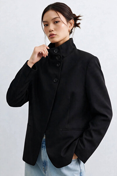 BARRELS AND OIL Women's stand collar buttoned blazer jacket - black
