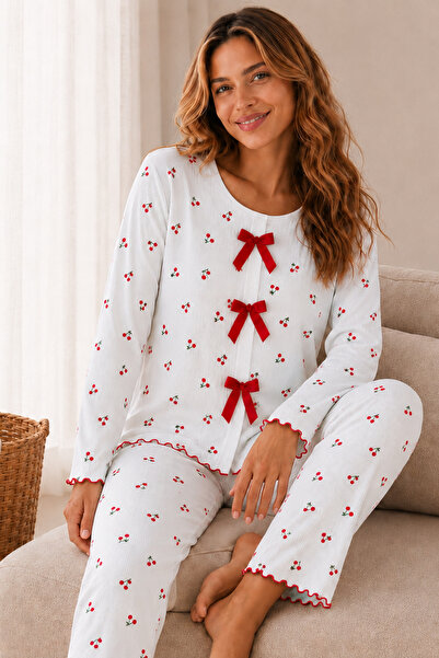 ELİTOL Reported Viscose Bow Detailed Overlocked Round Neck Long Sleeve Patter...