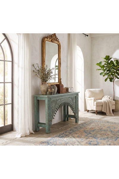 Ebticar Green Rectangular Console Table Made of Solid Natural Wood, Stylish D...