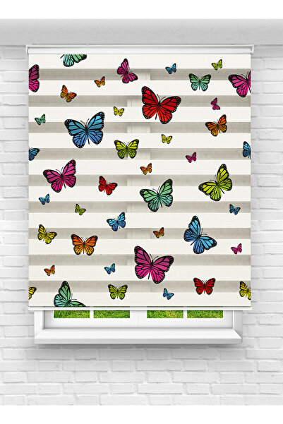 evana home Renkli Kelebekler Desenli Dijital Zebra Perde - Mutfak, Çocuk Odas...