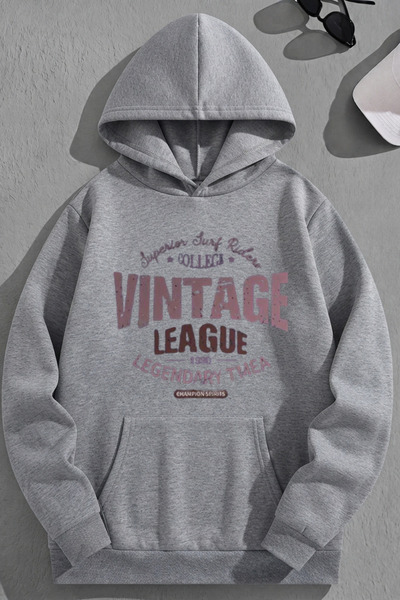 K KOZZ STYLE Unisex 3 Thread Cotton Grey VintageLeage Print Loose Fit Φούτερ ...