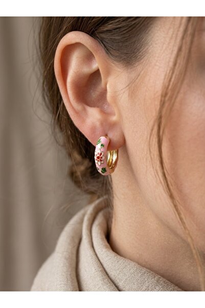 MODA Light Pink Enamel Flower Pattern Hoop Earrings