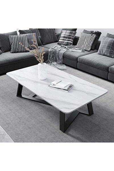 Vivendo Coffee table for living room, MDF top, metal X-shaped legs