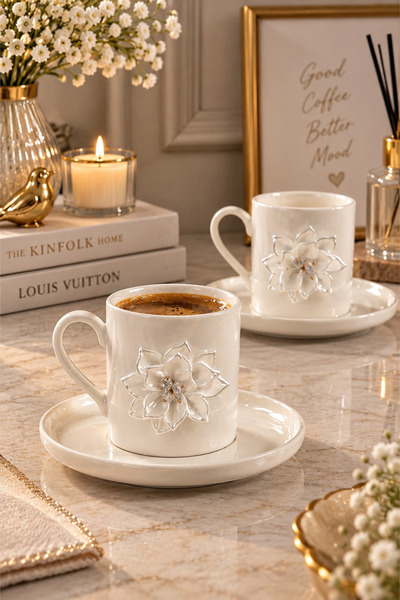YzMarket 2 Kişilik Beyaz Porselen Lale Lotus Lüks Kahve Fincan Takımı Seti 100ml