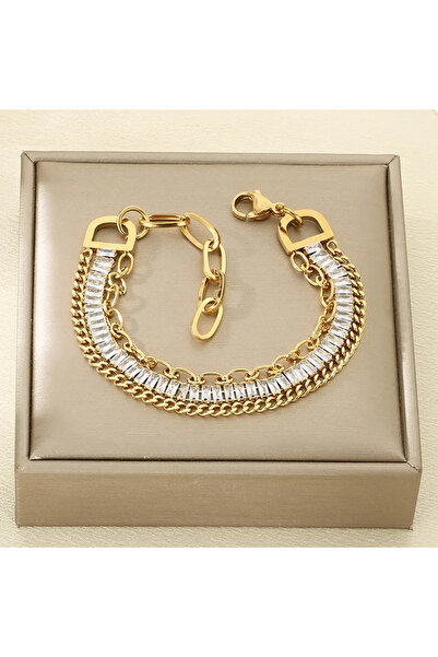 Peach Jewelry Τριπλό βραχιόλι με αλυσίδα και σειρά με ορθογώνια λευκά ζιργκόν...