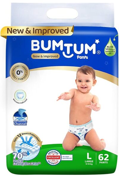 Bumtum حفاضات أطفال، مقاس L (4 سنوات)، 9-14 كجم، طبقة مزدوجة لحماية من التسرب...