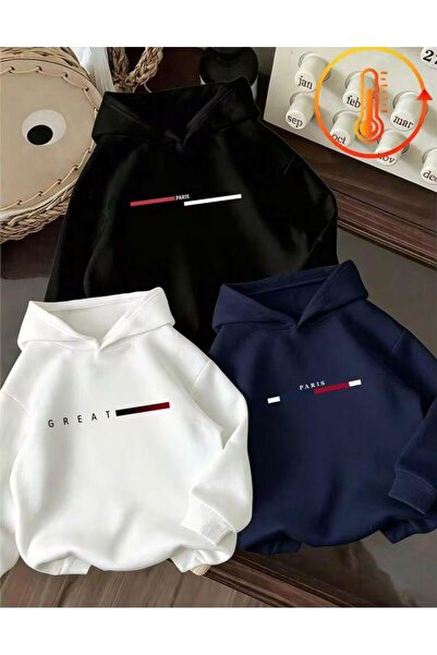 Erkek Çocuk 3'lü Paket Kapşonlu Great Paris Baskılı Sweatshirt (LACİ-Siyah-Beyaz)