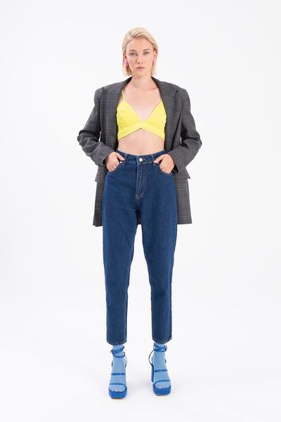BEES JEANS Sista Σκούρο Μπλε Ανεξίτηλο Παντελόνι Mom Jean με Ψηλή Μέση και Συ...