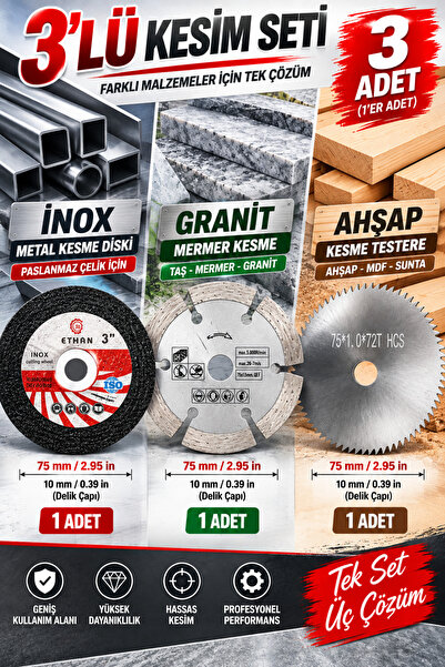 DynamicTech 3'lü Kesim Seti 75mm İnox Metal Granit Mermer Ahşap Kesme Diski Taşlama 1'er Adet Profesyonel