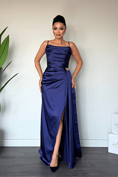 giyimmasalı Satin Fabric Shawl Detailed Evening Dress - Dark Blue