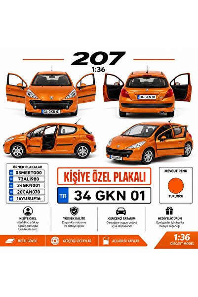 ToyzMarket Peugeot 207 Metal Araba 12CM - 207 Oyuncak Araba - Kişiye Özel Pla...
