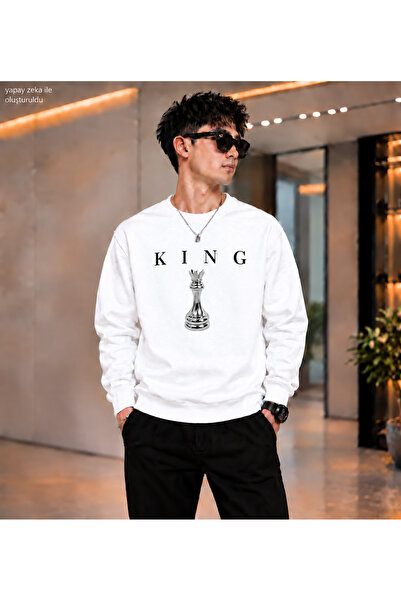 caddekombin سويت شيرت رجالي من King Chess Shah مطبوع برقبة دائرية وقصة عادية