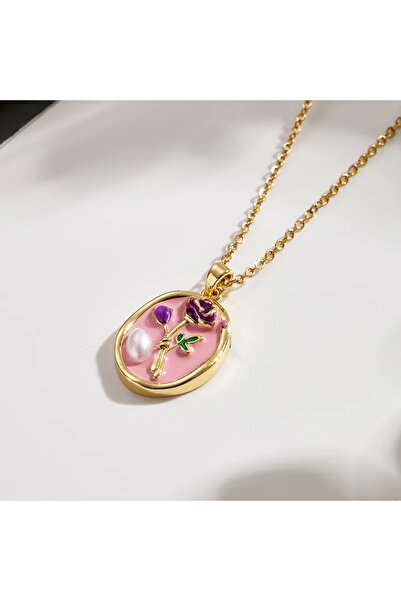 Peach Jewelry Μενταγιόν Τριαντάφυλλο Οβάλ Ροζ Με Ζιρκόν Και Πέρλα Ανοξείδωτο ...