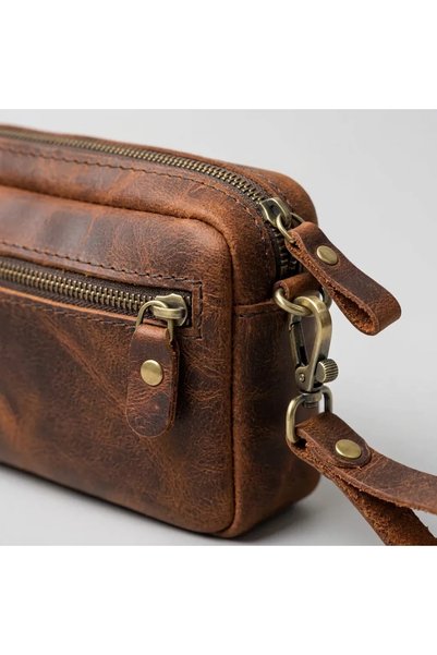 Generic Brand Genuine Leather Men's Hand and Wrist Bag - Zippered Vintage Tan Wallet & Phone Bag 19X13 cm