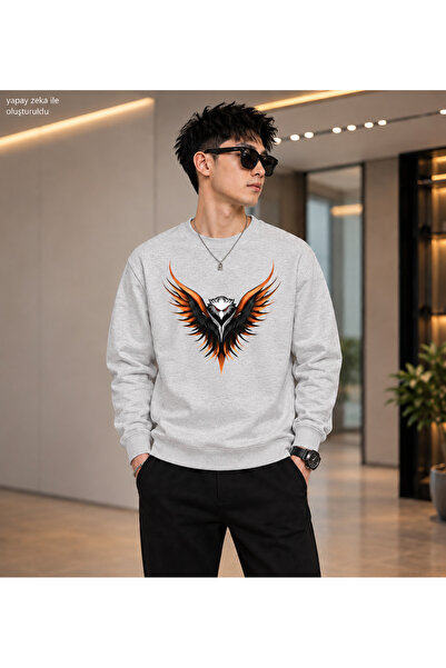 caddekombin Men's Eagle Graphic Printed Crew Neck Casual Regular Fit Sweatshirt