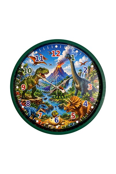 TakÇalıştır Dinazor Vadisi Yeşil 36 x 36 Cm Çocuk Duvar Saati