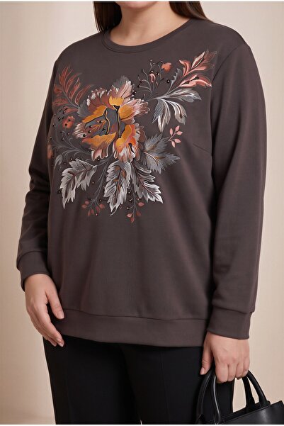RMG Special Print Detailed Large Size Modal Sweatsihrt Coffee