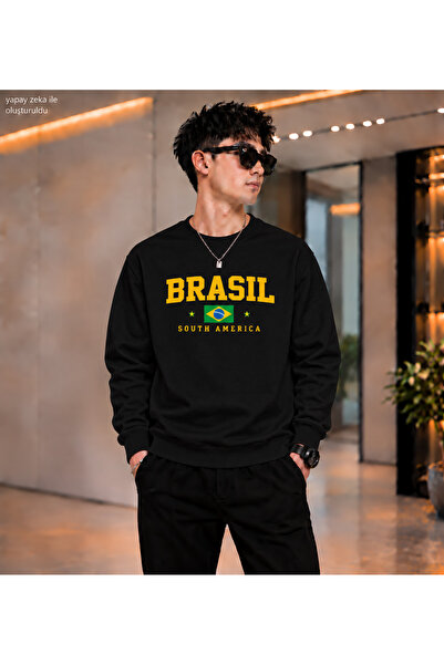 caddekombin Men's Brasil Brazil Flag Printed Crew Neck Casual Regular Fit Swe...