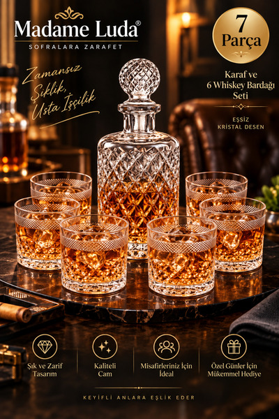 MADAME LUDA 7 Parça Whiskey Seti – 1,25 Litre Karaf ve 6 Adet 340 ml Kristal ...