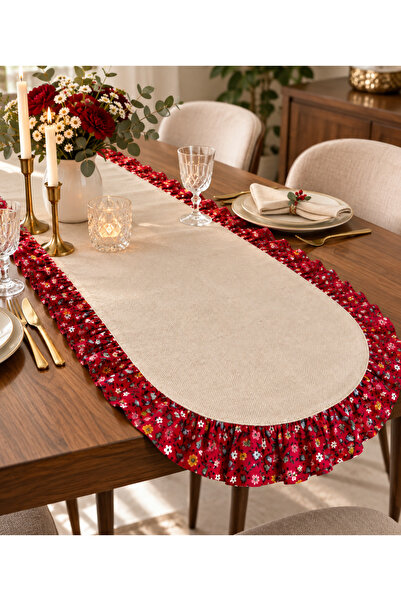 Zeren Home Keten Kırmızı Çiçekli Fırfır Detaylı Runner 45x145cm