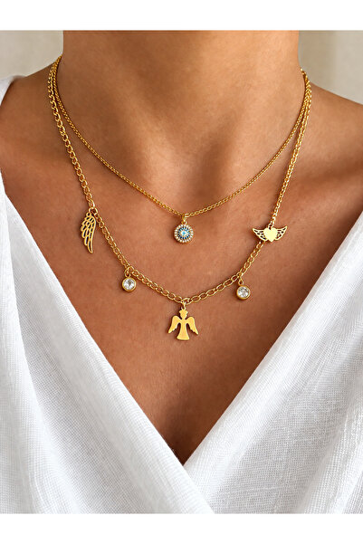 tones official Steel Angel-Wing-Heart-Zircon Evil Eye Necklace Set of 2
