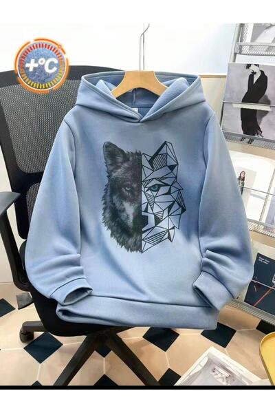 MORNİNG KİDS ERKEK Çocuk Kapşonlu KURT Baskılı Sweatshirt (BEBE MAVİ)