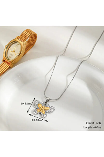 Peach Jewelry Μενταγιόν Πεταλούδα Ανάγλυφη Χρυσό Και Ασημί Ανοξείδωτο Ατσάλι 304