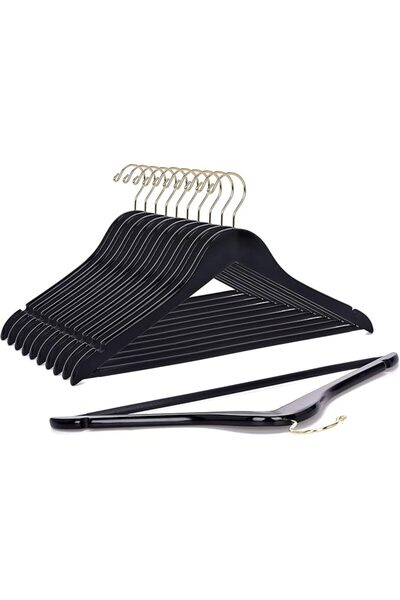 Quality Hangers مجموعة من 10 قطع خشبية سوداء - منحنية قليلاً - مصنوعة من الخش...