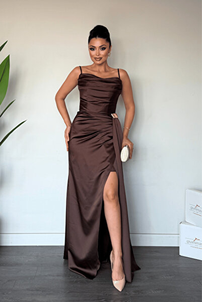 giyimmasalı Satin Fabric Shawl Detailed Evening Dress - Brown