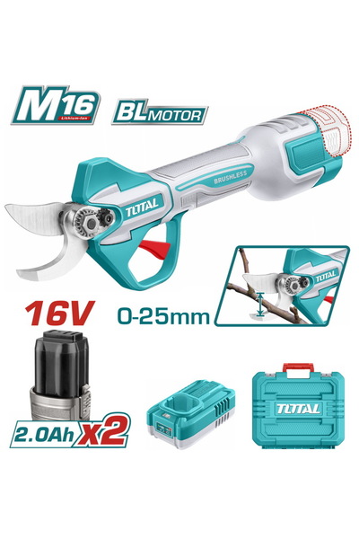 TOTAL Ηλεκτρικό ψαλίδι κλαδέματος μπαταρίας Li-ion 16V / 2Ah / 2 μπαταρίες BL...