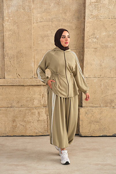 LOCCO Women's Stripe Detailed Hooded Set Green