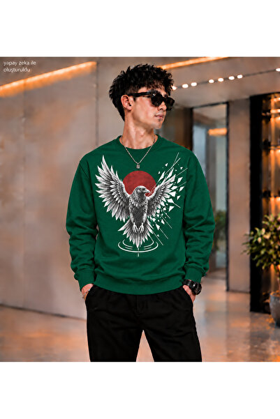 caddekombin Men's Raven Crow Printed Crew Neck Casual Regular Fit Sweatshirt