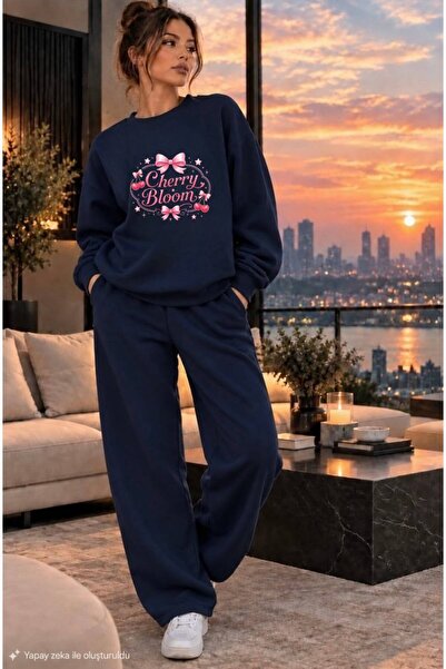 caddekombin Women's Cherry Bloom Cherry and Ribbon Printed Crew Neck Regular ...