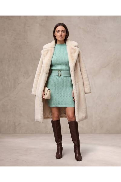 Trend Kapında Belted Knitted Patterned Mini Knitwear Dress