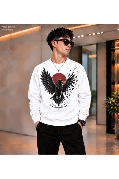 caddekombin Men's Raven Crow Printed Crew Neck Casual Regular Fit Sweatshirt