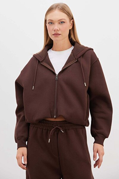 Fulla Moda 3 Thread Zipper Hooded Bat Sleeve Crop Sweatshirt