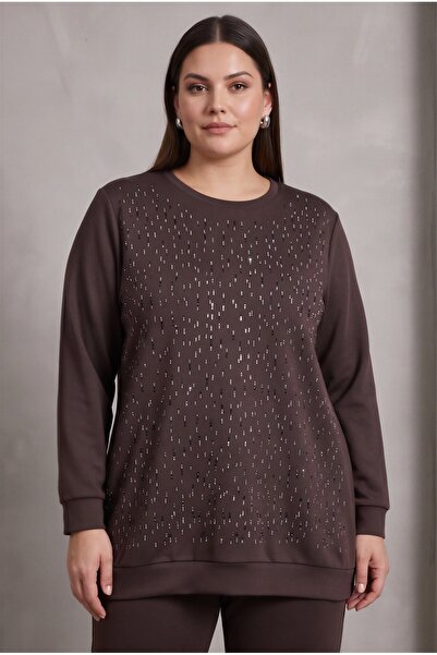 RMG Stone Detailed Large Size Modal Knitted Sweatshirt Brown