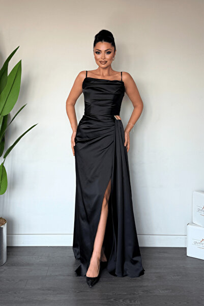 giyimmasalı Satin Fabric Shawl Detailed Evening Dress - Black