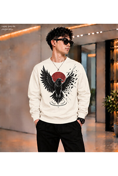 caddekombin Men's Raven Crow Printed Crew Neck Casual Regular Fit Sweatshirt