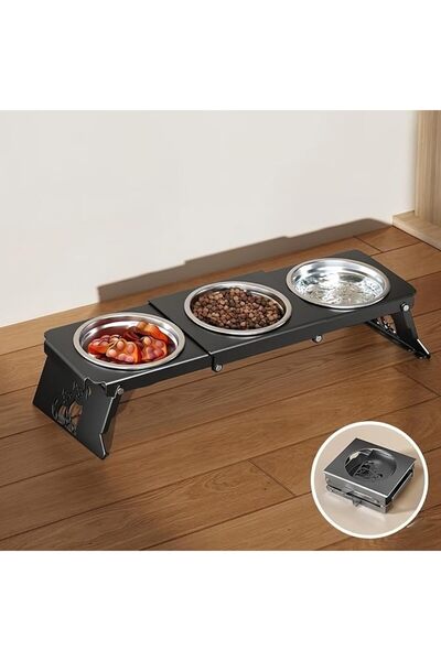 GENERAL Elevated Cat Food Bowls with 3 Stainless Steel Dishes in Black Stand ...