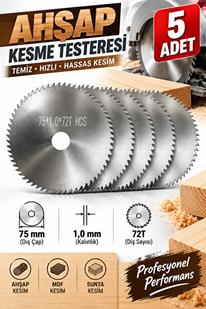 DynamicTech Ahşap Kesme Testere Diski 75 mm Taşlama Testere Bıçağı Disk 5'li Set MDF Sunta Hassas Temiz Kesim