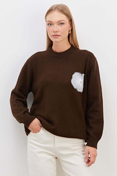 Fulla Moda Beaded Floral Embroidered Knit Sweater