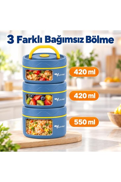 valkyrie 3 Göz Taraftar 304 Paslanmaz Çelik Yemek Lunch Box 420+420+550 ml Isı Yalıtımlı Çantalı