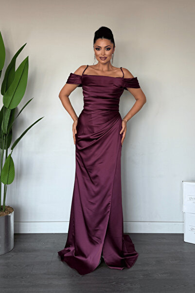 giyimmasalı Satin Fabric Degaje Collar Evening Dress - Patlican Purple