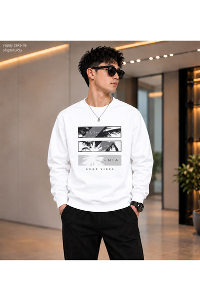 caddekombin Men's California Good Vibes Palm Tree Printed Crew Neck Casual Re...