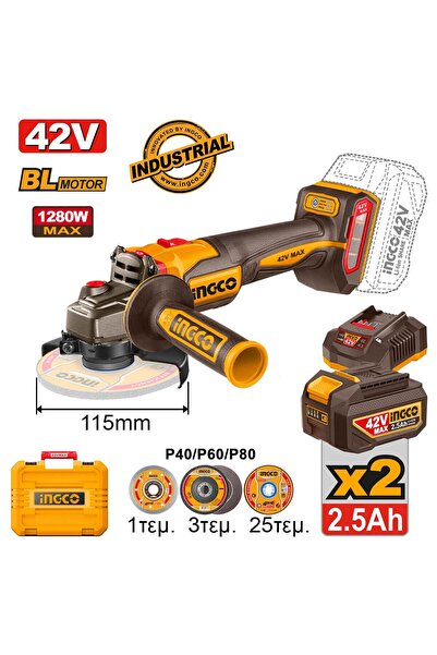 Ingco Ασύρματος Γωνιακός Τροχός 115mm 42V Li-Ion (CAGLI4128112E)