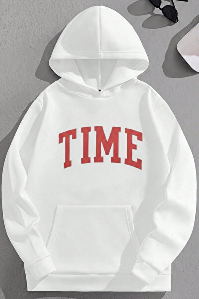 K KOZZ STYLE Unisex 3 Thread Cotton White Time Print Loose Fit Sweatshirt Hoodie