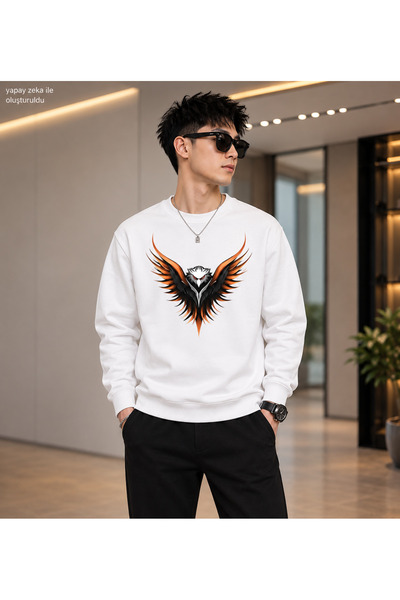 caddekombin Men's Eagle Graphic Printed Crew Neck Casual Regular Fit Sweatshirt